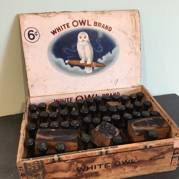 Old stamps in a cigar box from a shop, grocery.